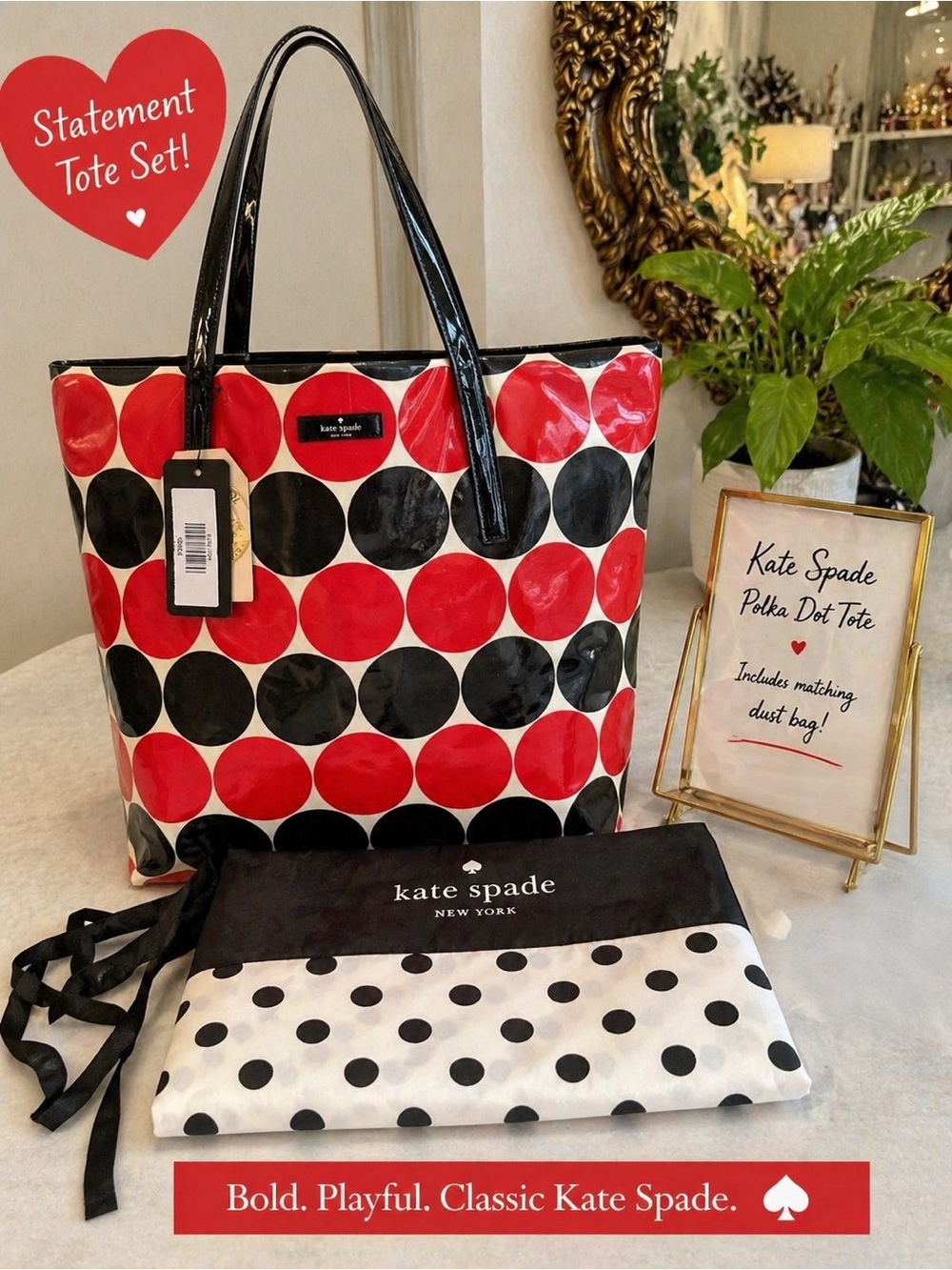 Kate Spade NY Red Black Polka Dot Coated Canvas Patent Handle Tote